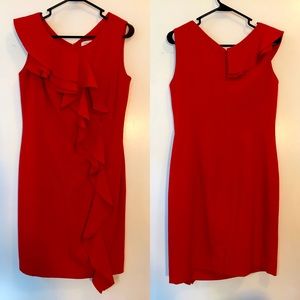 Classy Red Calvin Klein Ruffled Sheath Dress
